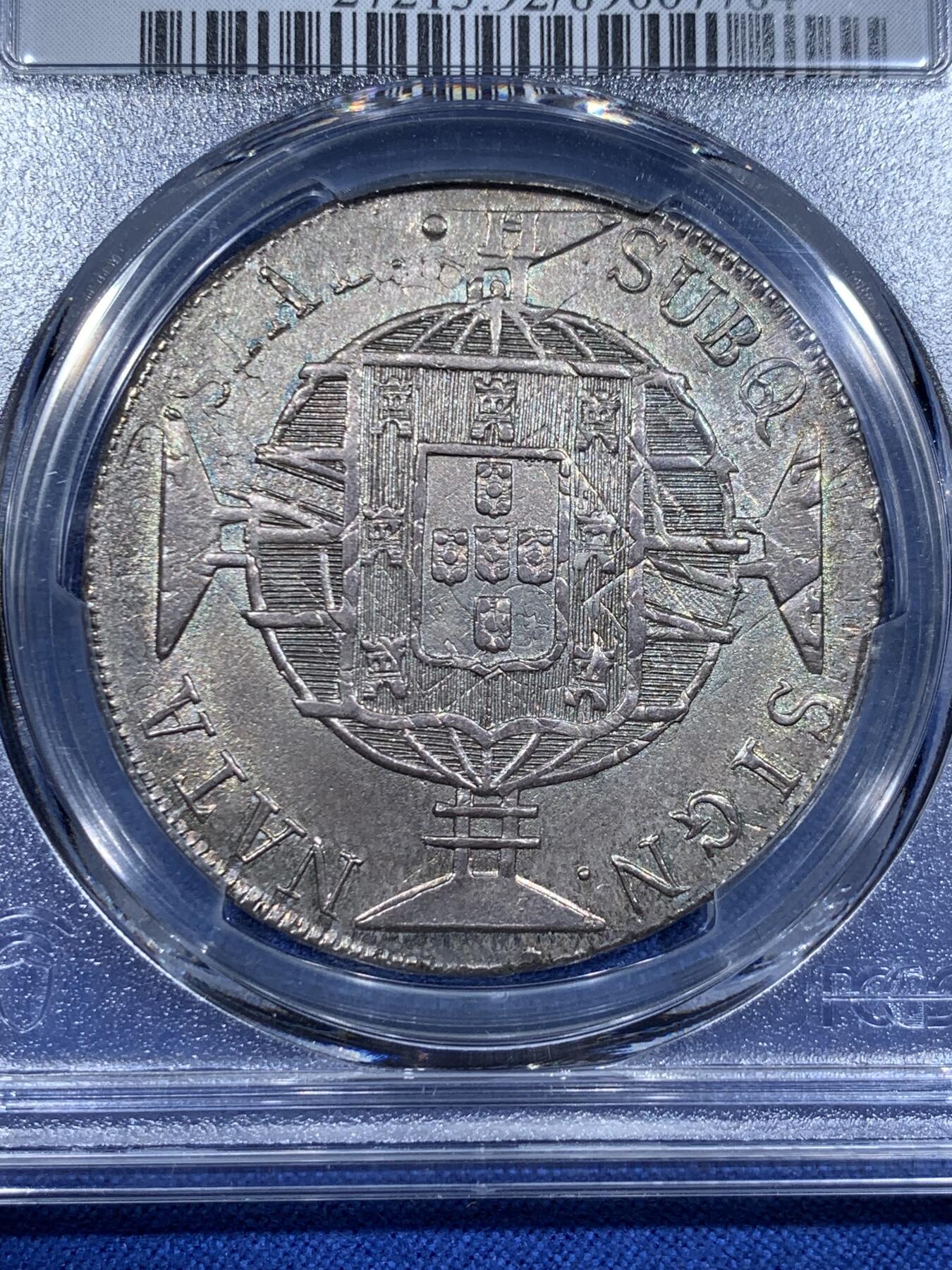 《竞宝斋》第425场 周日，周一  2场连拍 （全场包邮） PCGS AUD 巴西 1820年 960瑞斯 大银币 热门品种 双面烟灰色包浆 可砸盒博分的品质