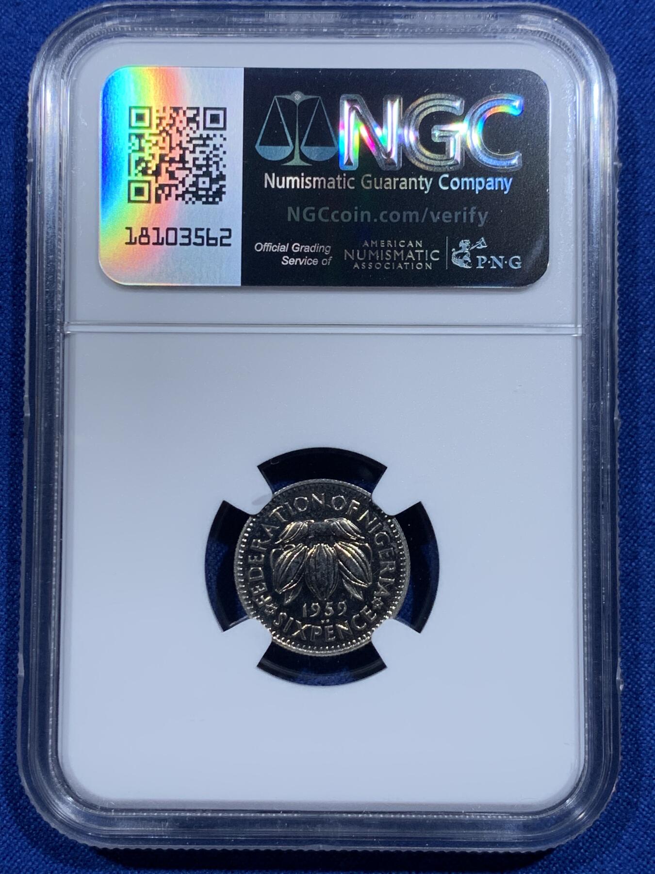《竞宝斋》第425场 周日，周一  2场连拍 （全场包邮） NGC PF65 尼日利亚1959年6便士精制币 少见品种 两面镜面感很强