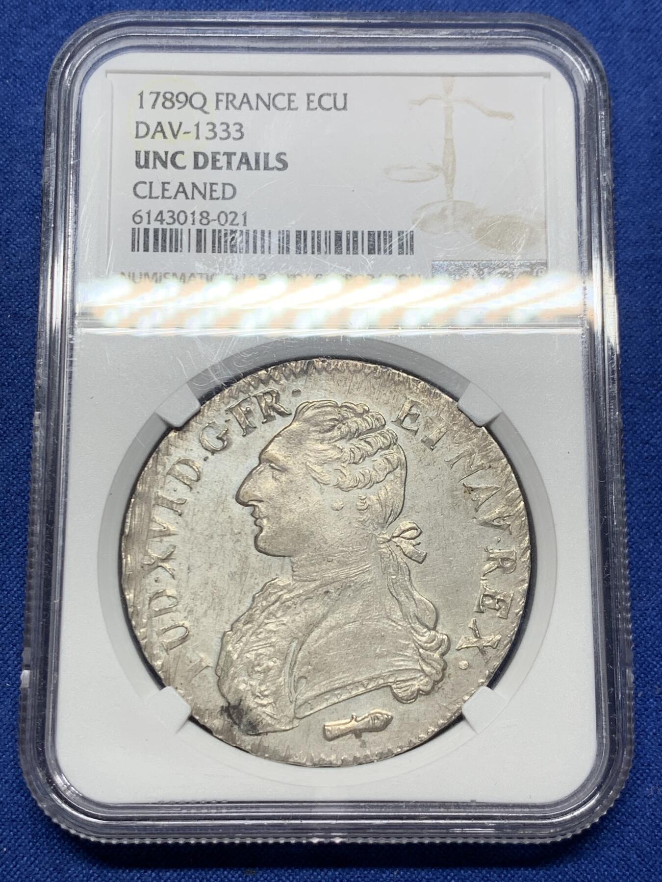 《竞宝斋》第425场 周日，周一  2场连拍 （全场包邮） NGC UNC 法国1789Q路易十六1埃居银币 发行于法国大革命元年 非常有历史意义的年份 状态不错 细节见图