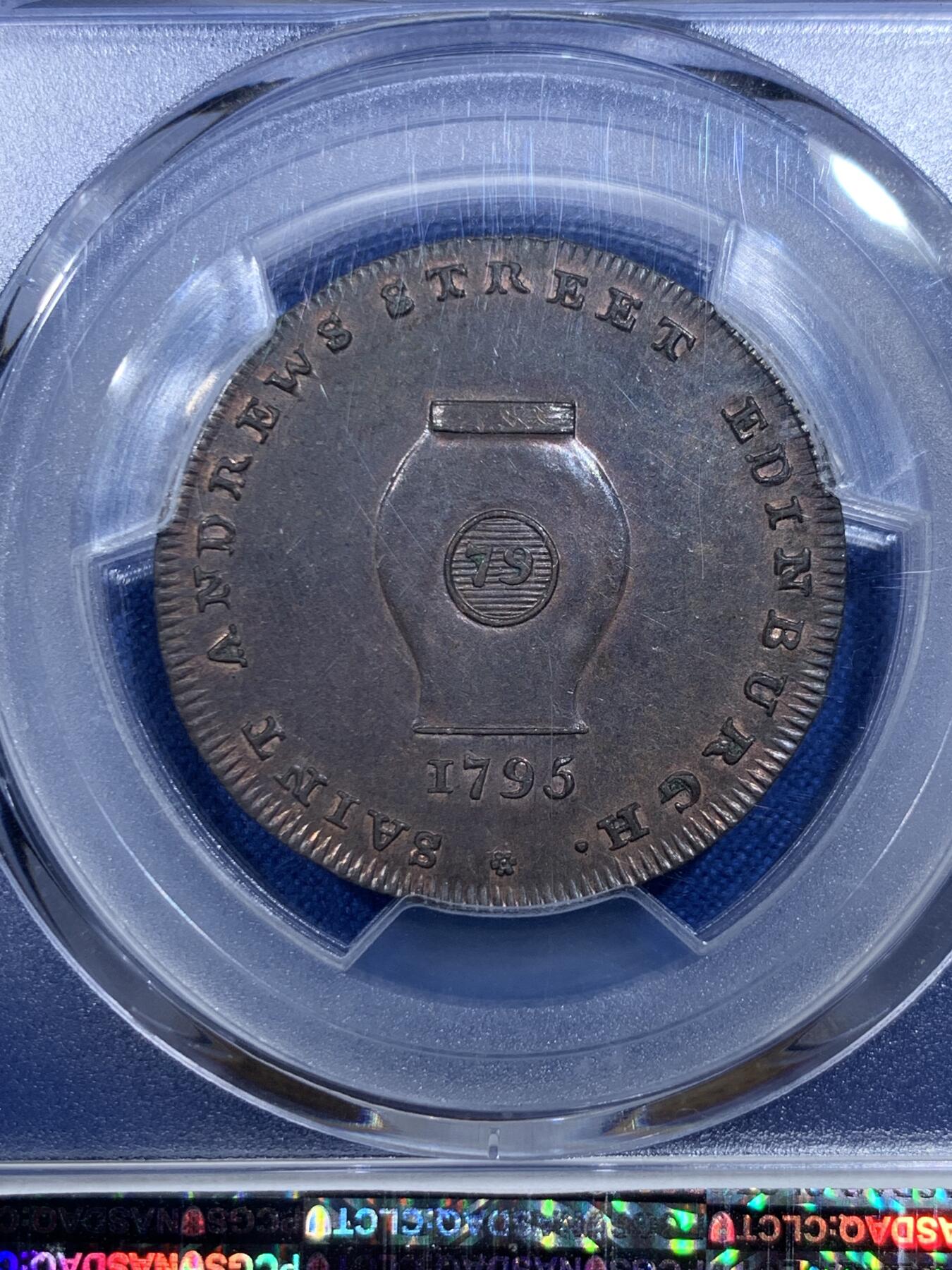《竞宝斋》第425场 周日，周一  2场连拍 （全场包邮） PCGS MS63BN 英国 苏格兰 1795年 洛锡安人 1/2便士 代币 非常少见的品种 深打细节 可藏