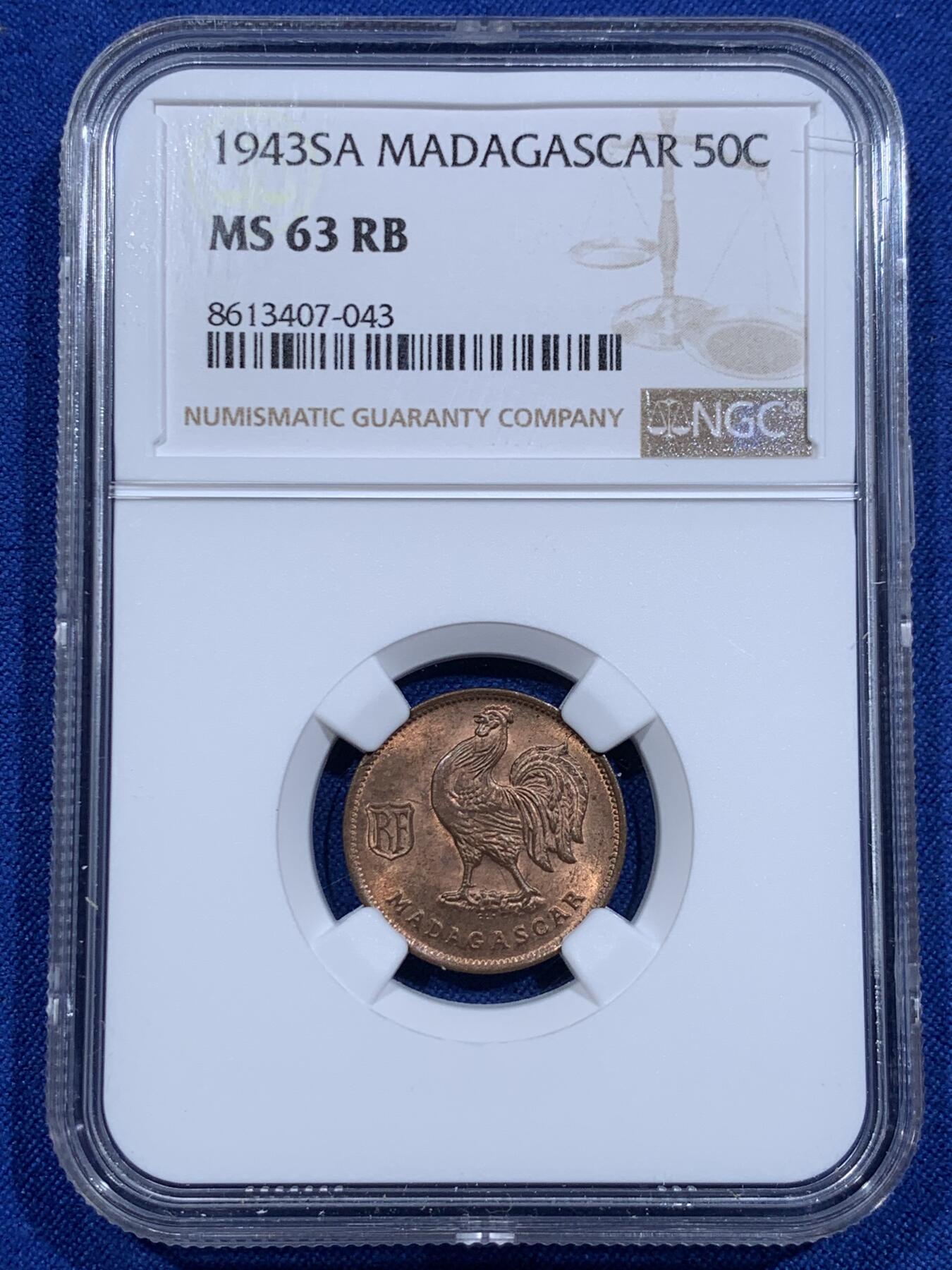 《竞宝斋》第425场 周日，周一  2场连拍 （全场包邮） NGC MS63RB 法属马达加斯加1943年50C小公鸡铜币 少见法属殖民地早期铜币