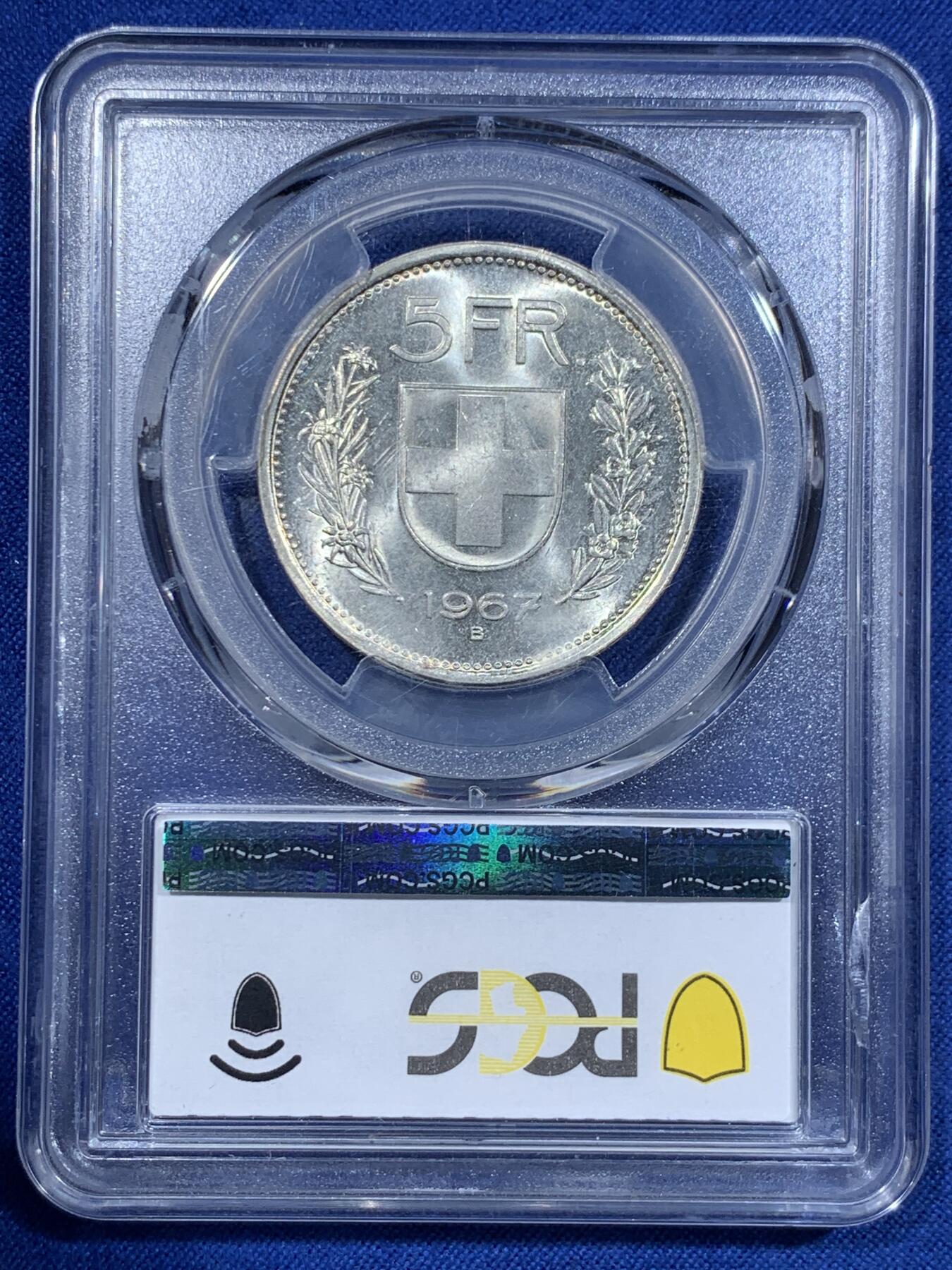 《竞宝斋》第425场 周日，周一  2场连拍 （全场包邮） PCGS MS63 瑞士1967B威廉退尔5法郎银币，转光强烈，个人感觉低评
