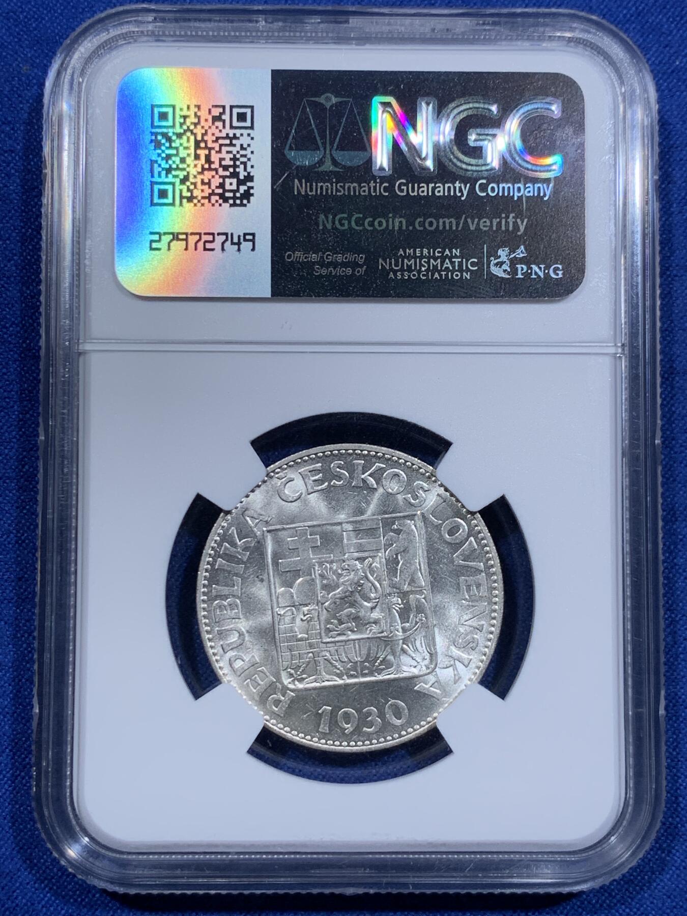 《竞宝斋》第425场 周日，周一  2场连拍 （全场包邮） NGC MS64 捷克斯洛伐克1930年10K银币 季军分 更高分仅4枚