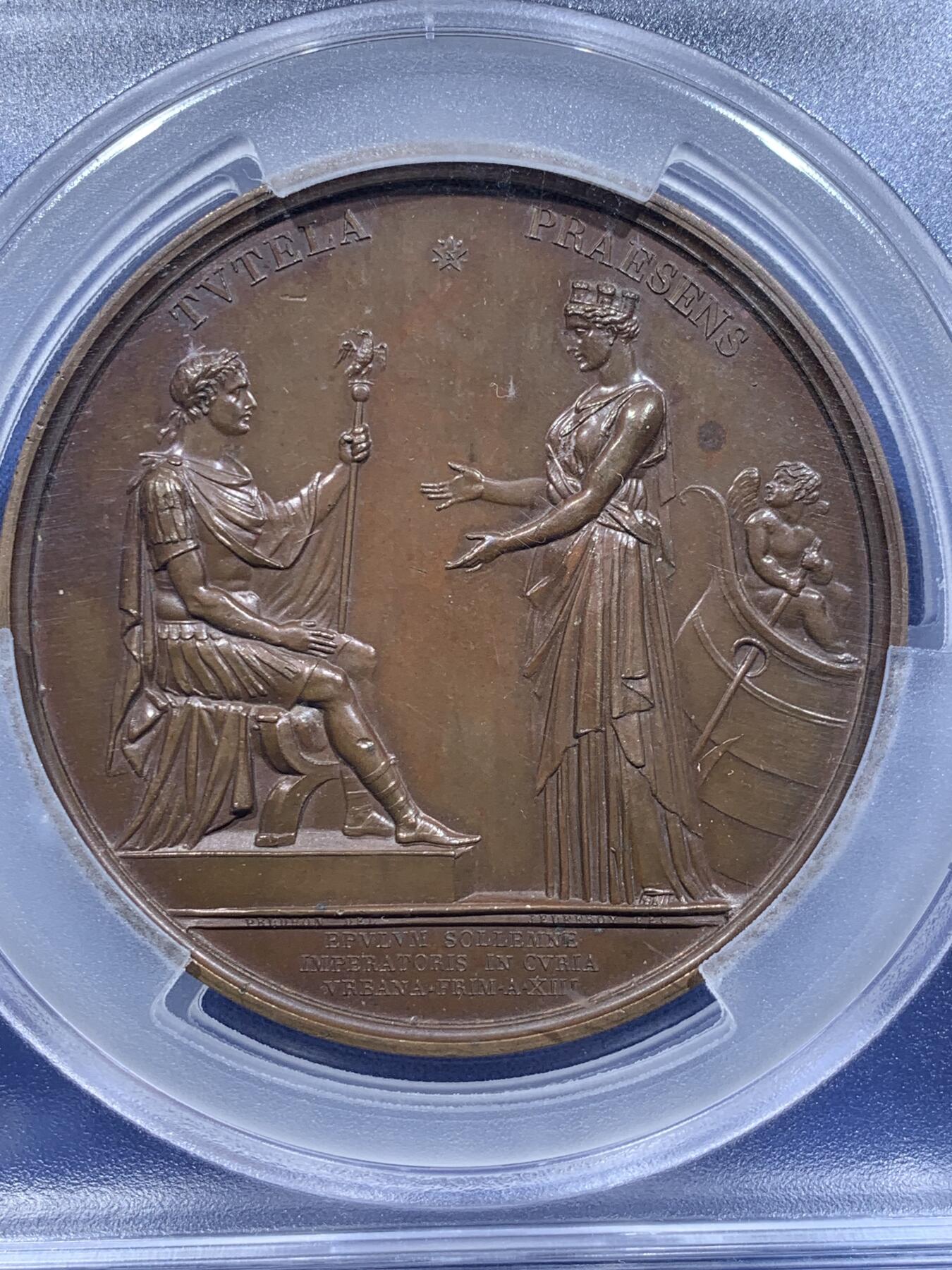 《竞宝斋》第425场 周日，周一  2场连拍 （全场包邮） PCGS SP64 法国1804年拿破仑一世皇帝加冕大铜章，68mm，拿皇登基，少见一流品相，加大加厚盒。