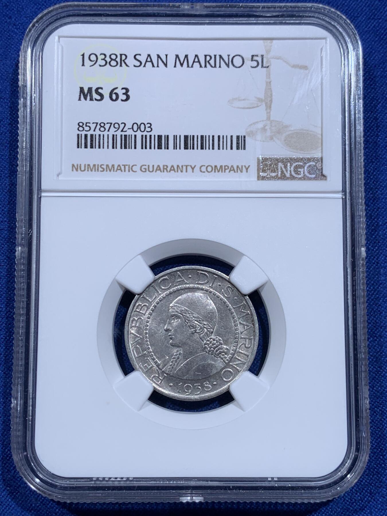 《竞宝斋》第425场 周日，周一  2场连拍 （全场包邮） NGC MS63 圣马力诺1938年5里拉银币