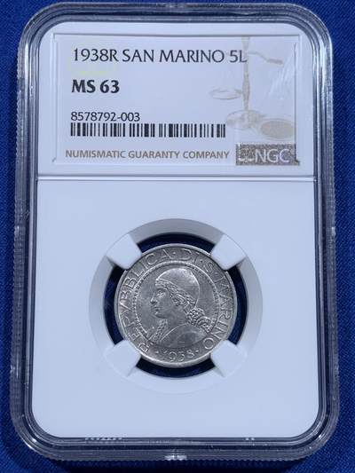 《竞宝斋》第425场 周日，周一  2场连拍 （全场包邮） - NGC MS63 圣马力诺1938年5里拉银币