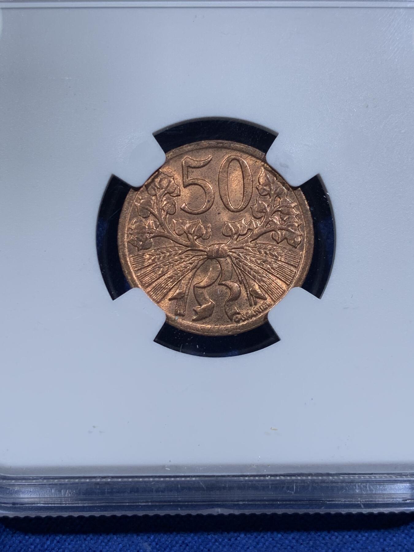 《竞宝斋》第425场 周日，周一  2场连拍 （全场包邮） NGC MS64RB 捷克1947年50赫勒铜币 拆卷品评级 冠军分！