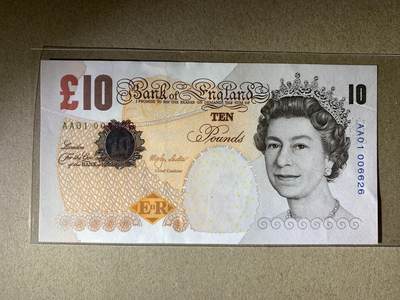 【礼羽收藏】🌏世界钱币拍卖第122期 - 【AA01 006626】全新UNC 2000年英国E序列再版10镑纸币 女王钞 AA01首发冠 无3457尾6626 千位号 朦胧号
