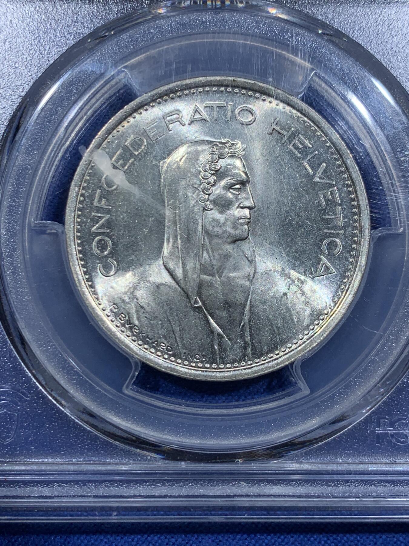 《竞宝斋》第425场 周日，周一  2场连拍 （全场包邮） PCGS MS63 瑞士1967B威廉退尔5法郎银币，转光强烈，个人感觉低评