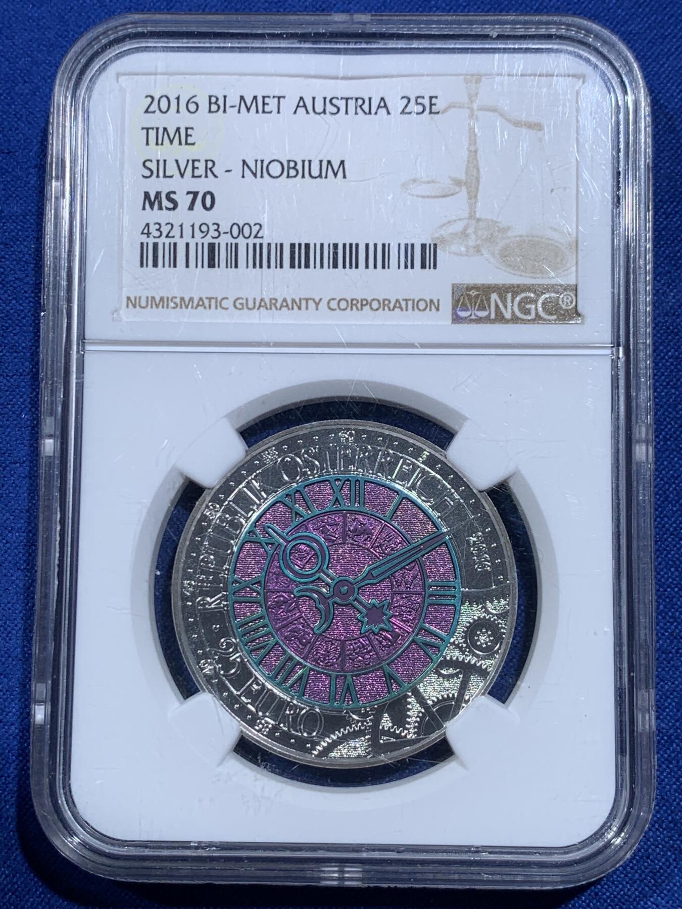《竞宝斋》第425场 周日，周一  2场连拍 （全场包邮） 获奖币 NGC MS70 奥地利2016年时间25欧银铌双金属纪念币（克劳斯-2018年世界硬币大奖赛之最佳双金属币）