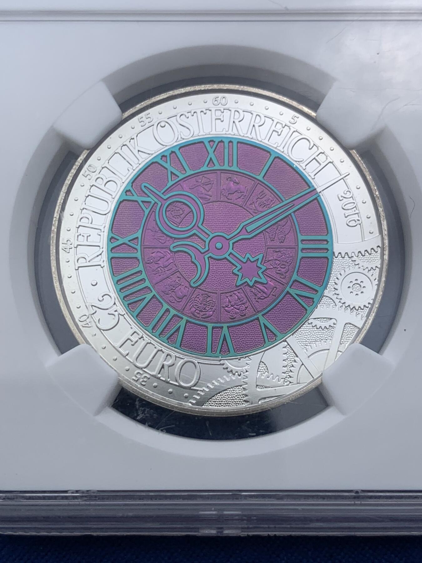 《竞宝斋》第425场 周日，周一  2场连拍 （全场包邮） 获奖币 NGC MS70 奥地利2016年时间25欧银铌双金属纪念币（克劳斯-2018年世界硬币大奖赛之最佳双金属币）