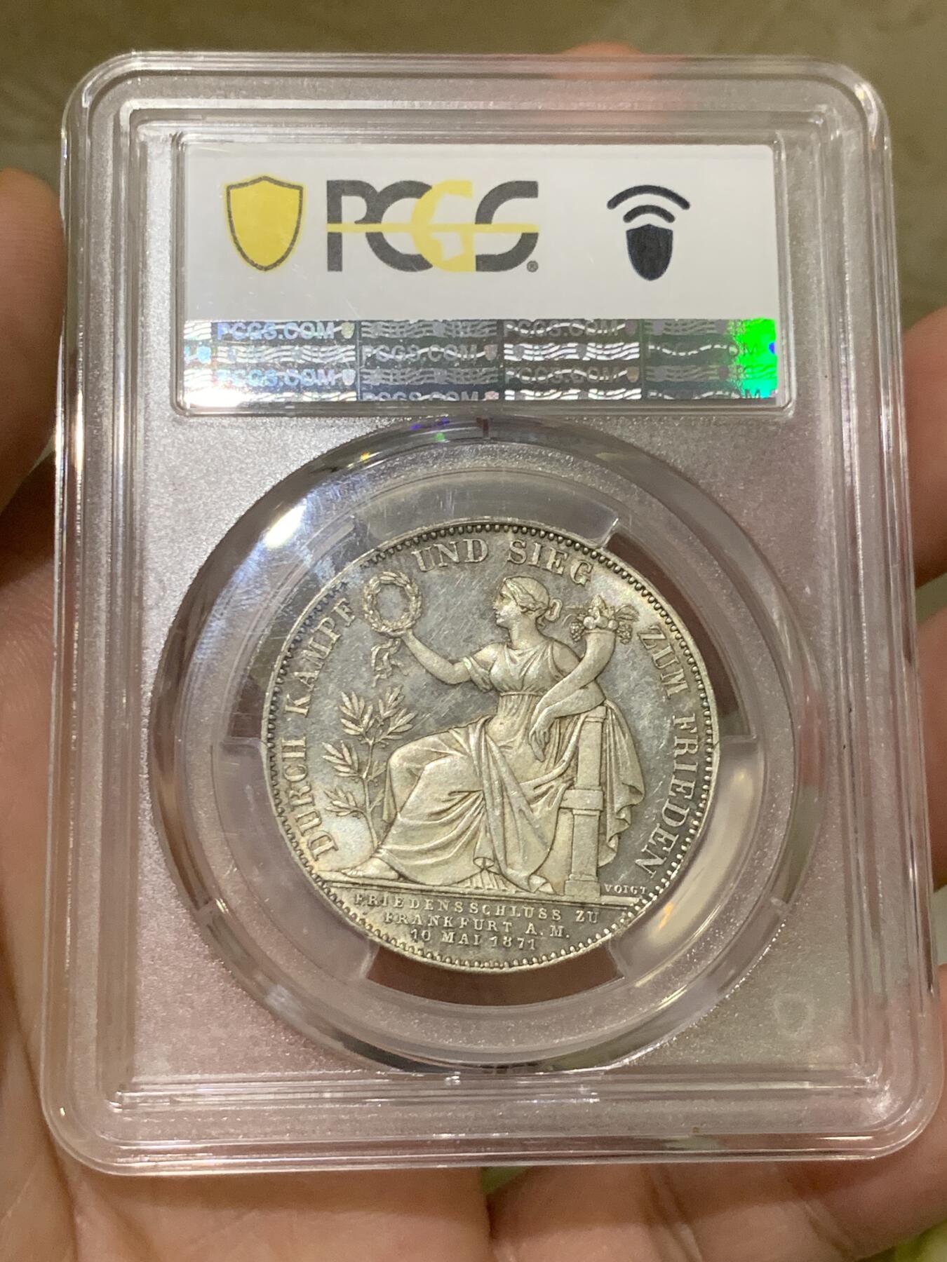《竞宝斋》第425场 周日，周一  2场连拍 （全场包邮） PCGS MS63PL 德国1871年巴伐利亚路德维希二世普法战争胜利泰勒 PL底板 非常难得的胜利泰勒 目前任何品种的PL泰勒都是受追捧对象 PC亚军分 更高分仅一枚