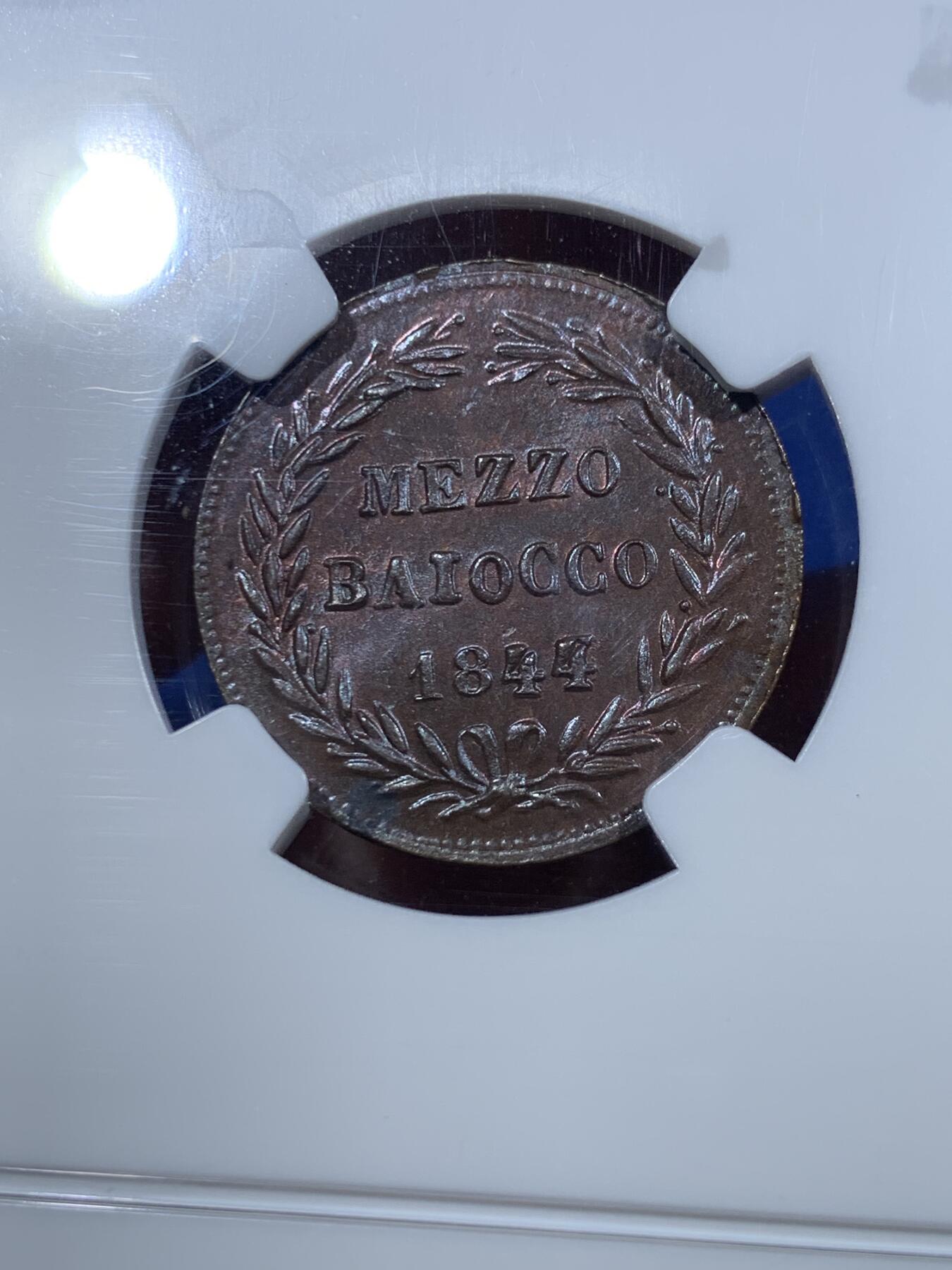 《竞宝斋》第425场 周日，周一  2场连拍 （全场包邮） NGC MS64RB 1844年意大利教皇国格里高利十六世 1/2贝阿科铜币，罗马铸造，铜色原光，极美品