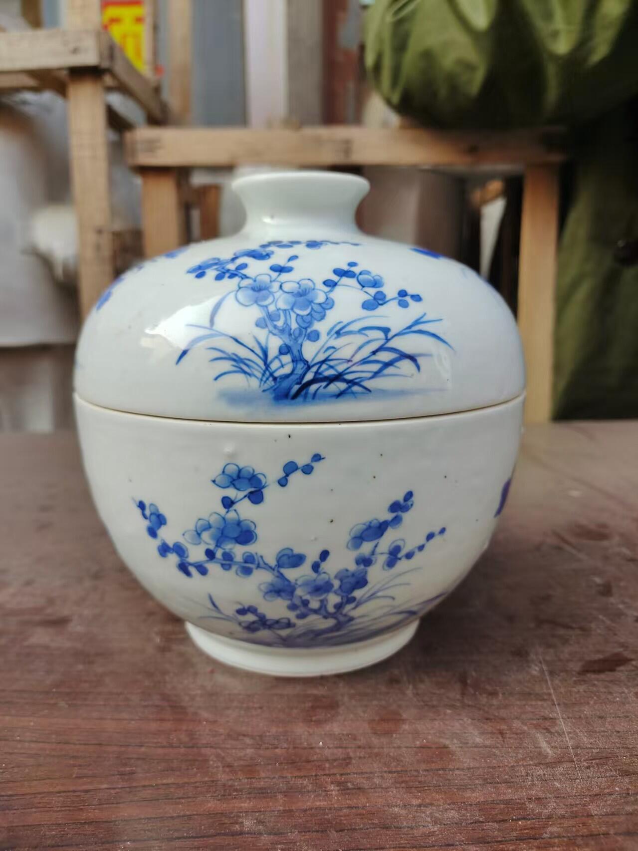 清代道光青花盖缸，画工好，器型好，尺寸大，完整漂亮