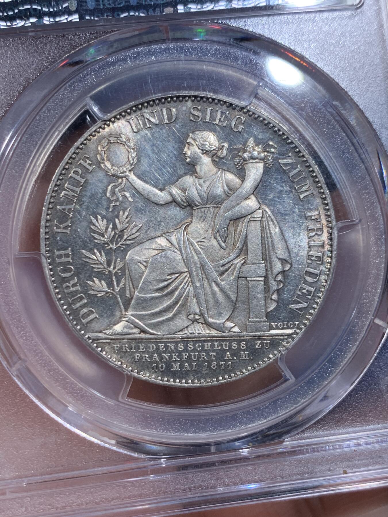 《竞宝斋》第425场 周日，周一  2场连拍 （全场包邮） PCGS MS63PL 德国1871年巴伐利亚路德维希二世普法战争胜利泰勒 PL底板 非常难得的胜利泰勒 目前任何品种的PL泰勒都是受追捧对象 PC亚军分 更高分仅一枚
