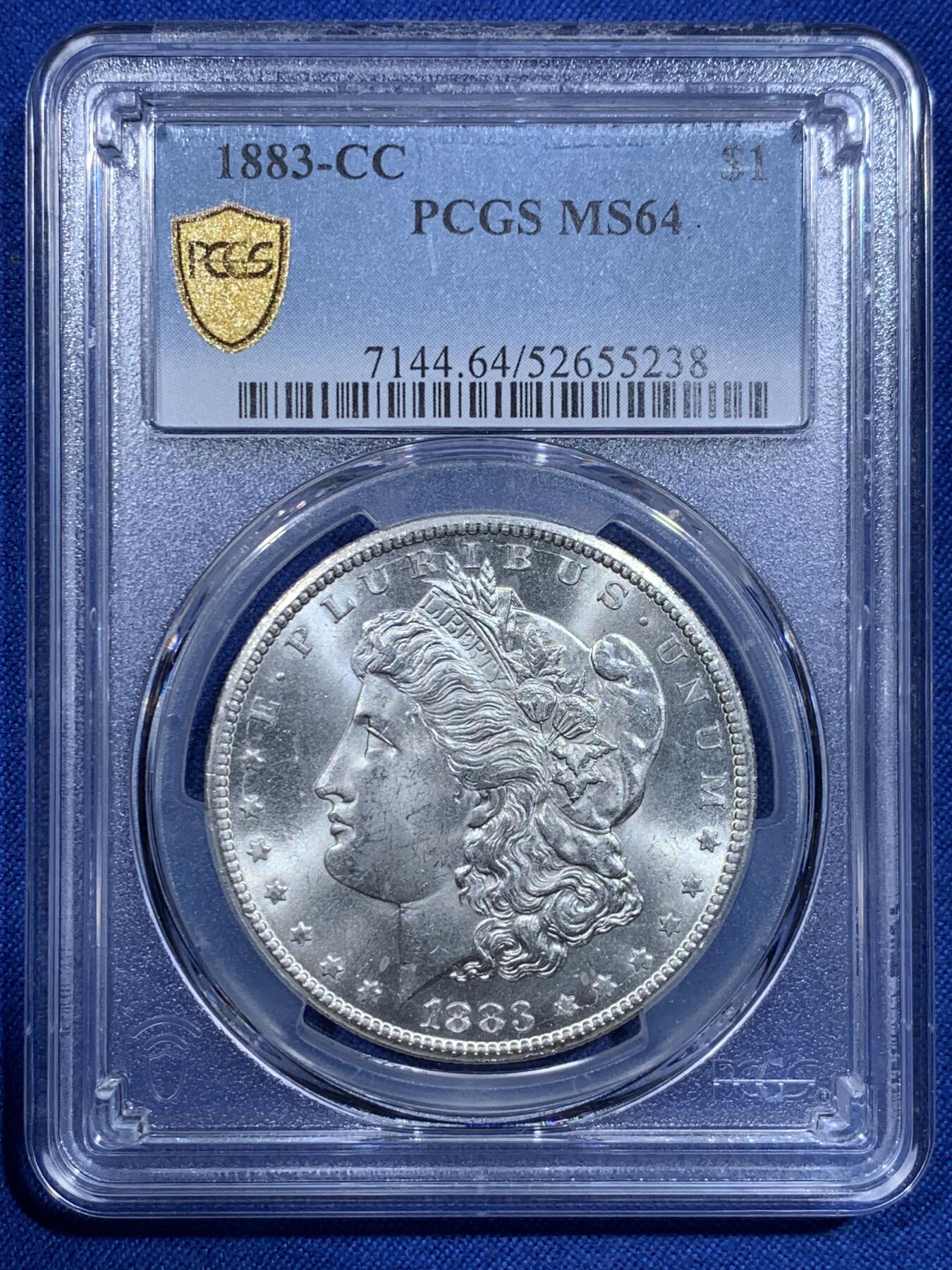 《竞宝斋》第425场 周日，周一  2场连拍 （全场包邮） PCGS MS64 美国1883-CC 摩根1美元银币 稀有卡森厂 高分十字转光