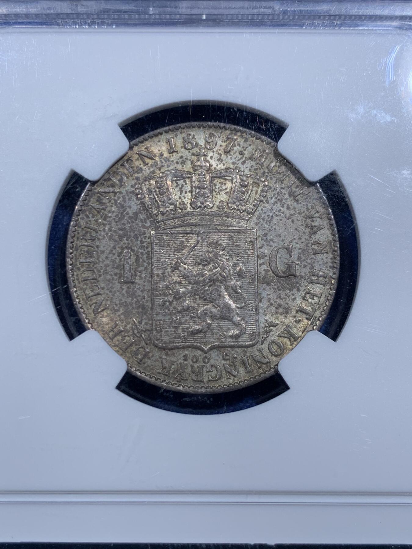 《竞宝斋》第425场 周日，周一  2场连拍 （全场包邮） NGC MS62 荷兰1897年威廉明娜女王小萝莉1盾银币 热门品种 高分好品相