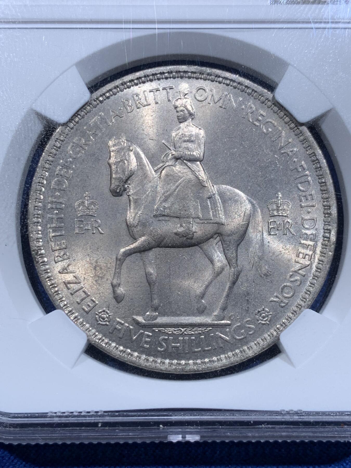 《竞宝斋》第425场 周日，周一  2场连拍 （全场包邮） NGC MS64 英国 1953年 伊丽莎白二世登基 1克朗 镍币