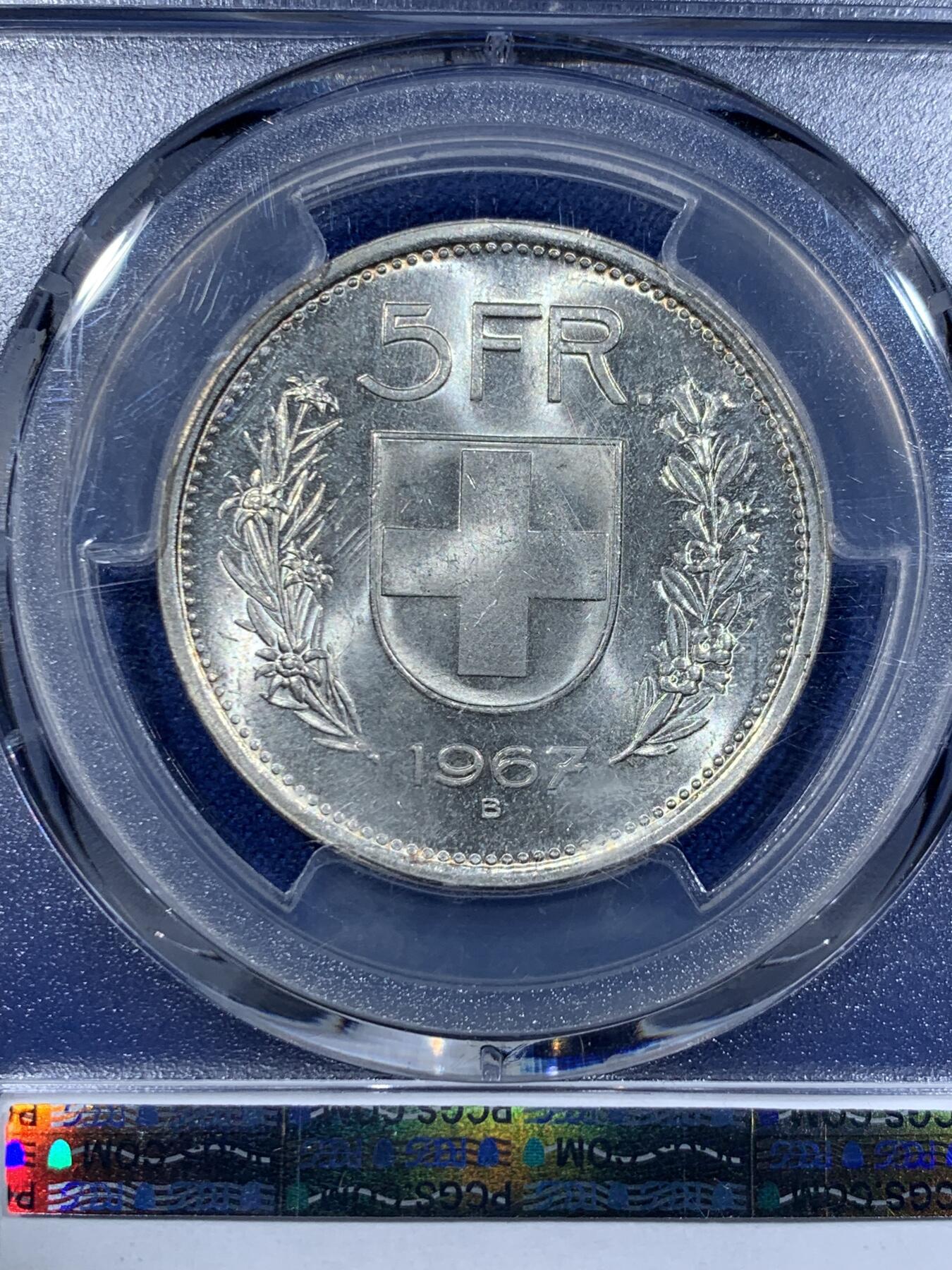 《竞宝斋》第425场 周日，周一  2场连拍 （全场包邮） PCGS MS63 瑞士1967B威廉退尔5法郎银币，转光强烈，个人感觉低评