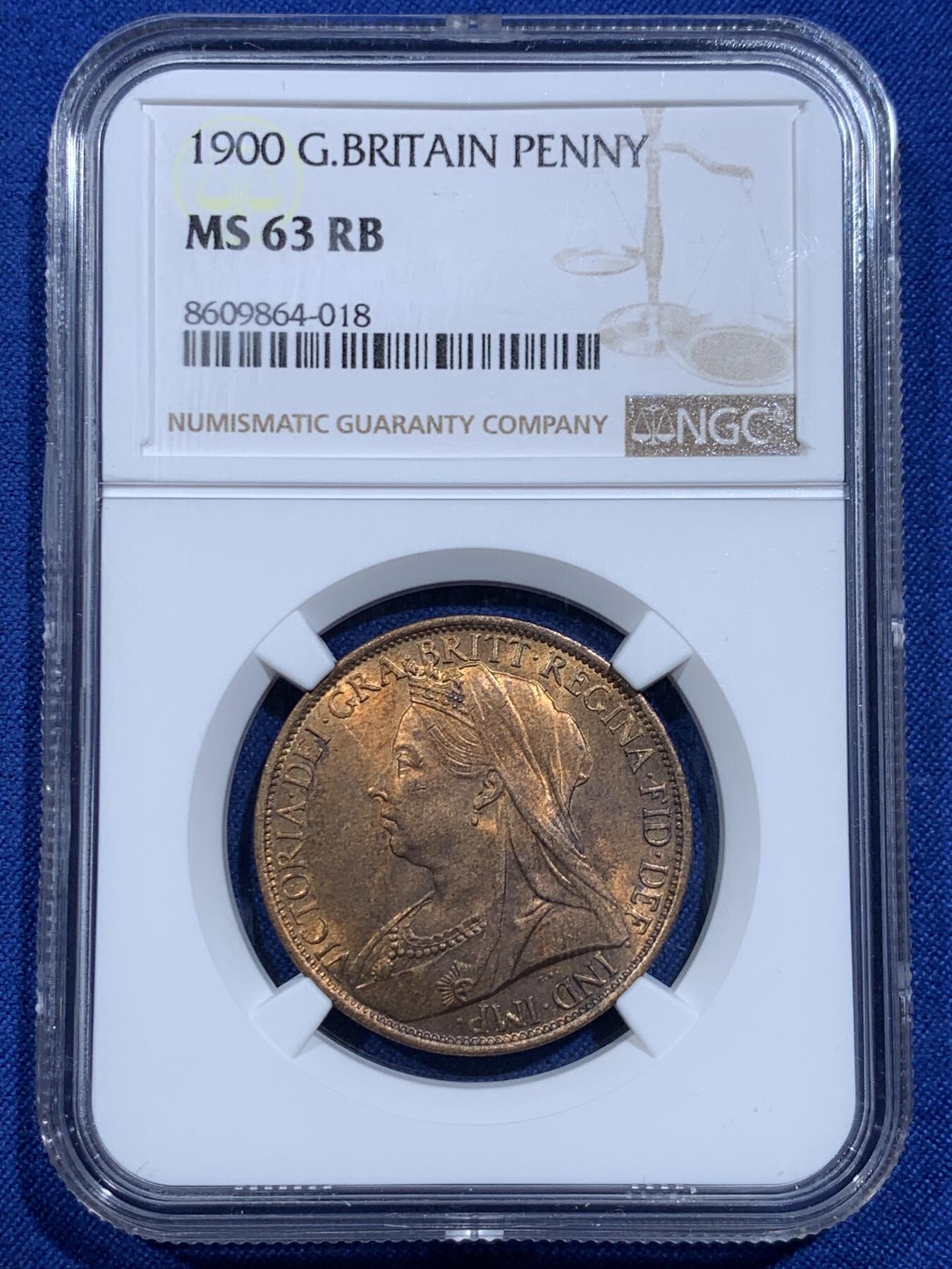 《竞宝斋》第425场 周日，周一  2场连拍 （全场包邮） NGC MS63RB 英国1900年维多利亚披纱1便士银币
