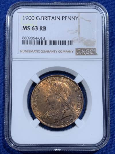 《竞宝斋》第425场 周日，周一  2场连拍 （全场包邮） - NGC MS63RB 英国1900年维多利亚披纱1便士银币