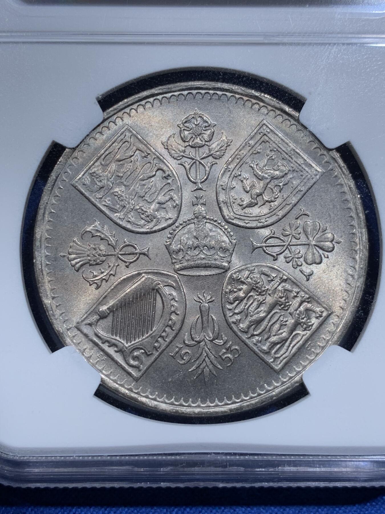 《竞宝斋》第425场 周日，周一  2场连拍 （全场包邮） NGC MS64 英国 1953年 伊丽莎白二世登基 1克朗 镍币