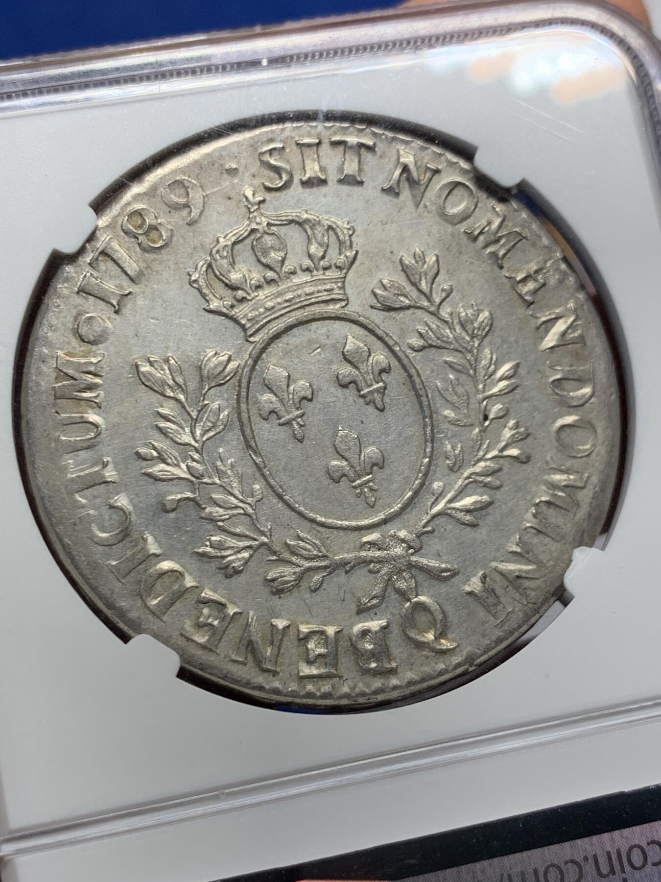 《竞宝斋》第425场 周日，周一  2场连拍 （全场包邮） NGC UNC 法国1789Q路易十六1埃居银币 发行于法国大革命元年 非常有历史意义的年份 状态不错 细节见图