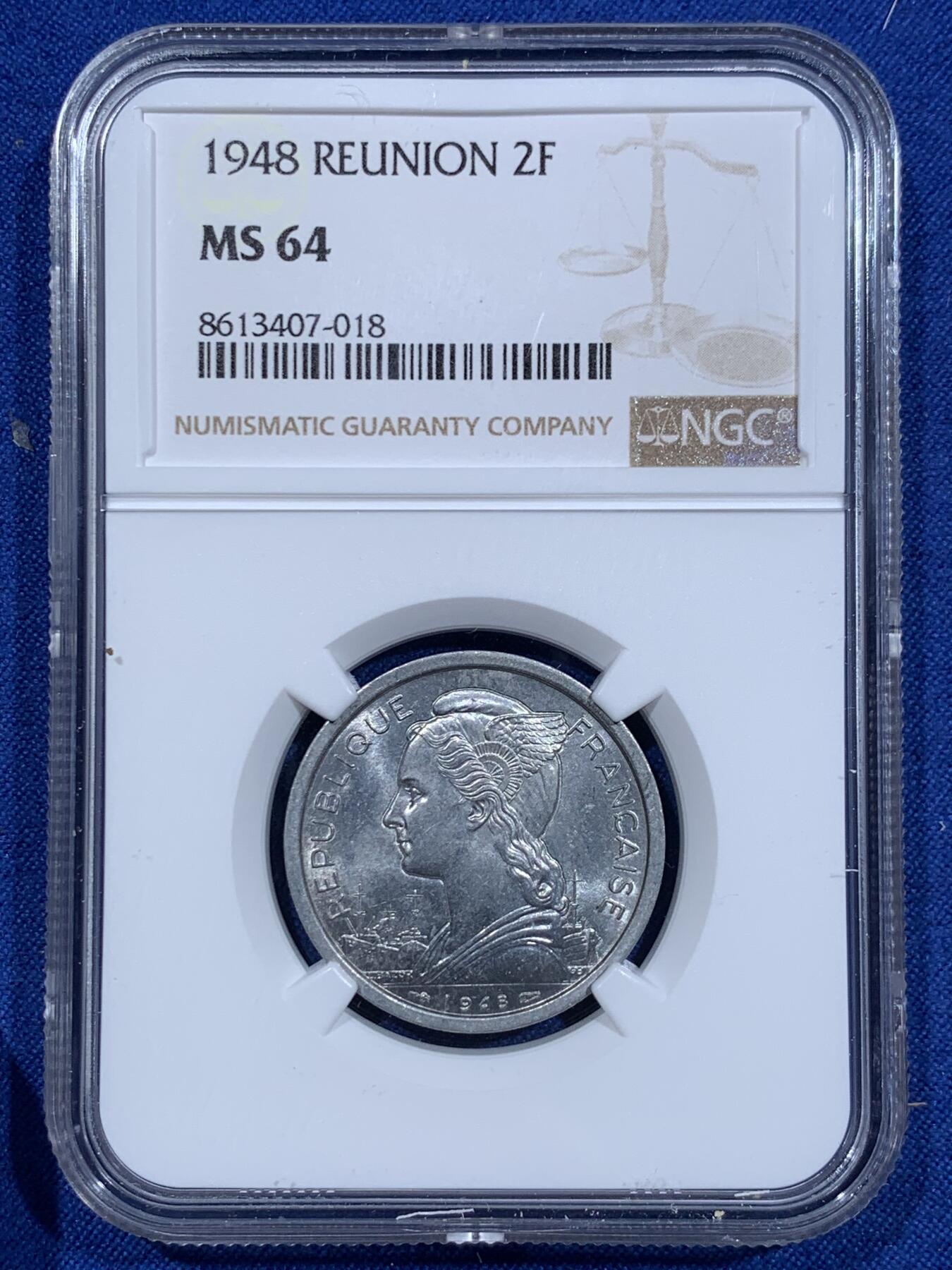 《竞宝斋》第425场 周日，周一  2场连拍 （全场包邮） 四枚一组 NGC MS64-65 法属留尼旺大小面值一组1/2/5/10法郎 都是适合收藏的分数！铝币容易腐蚀 出分不易！