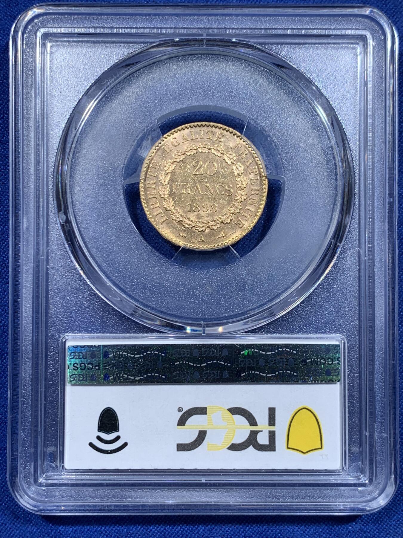 《竞宝斋》第425场 周日，周一  2场连拍 （全场包邮） PCGS MS62 法国1898年A版20法郎金币 900金 6.45克