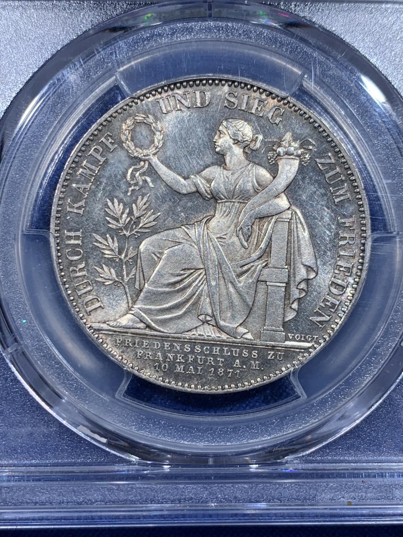 《竞宝斋》第425场 周日，周一  2场连拍 （全场包邮） PCGS MS63PL 德国1871年巴伐利亚路德维希二世普法战争胜利泰勒 PL底板 非常难得的胜利泰勒 目前任何品种的PL泰勒都是受追捧对象 PC亚军分 更高分仅一枚