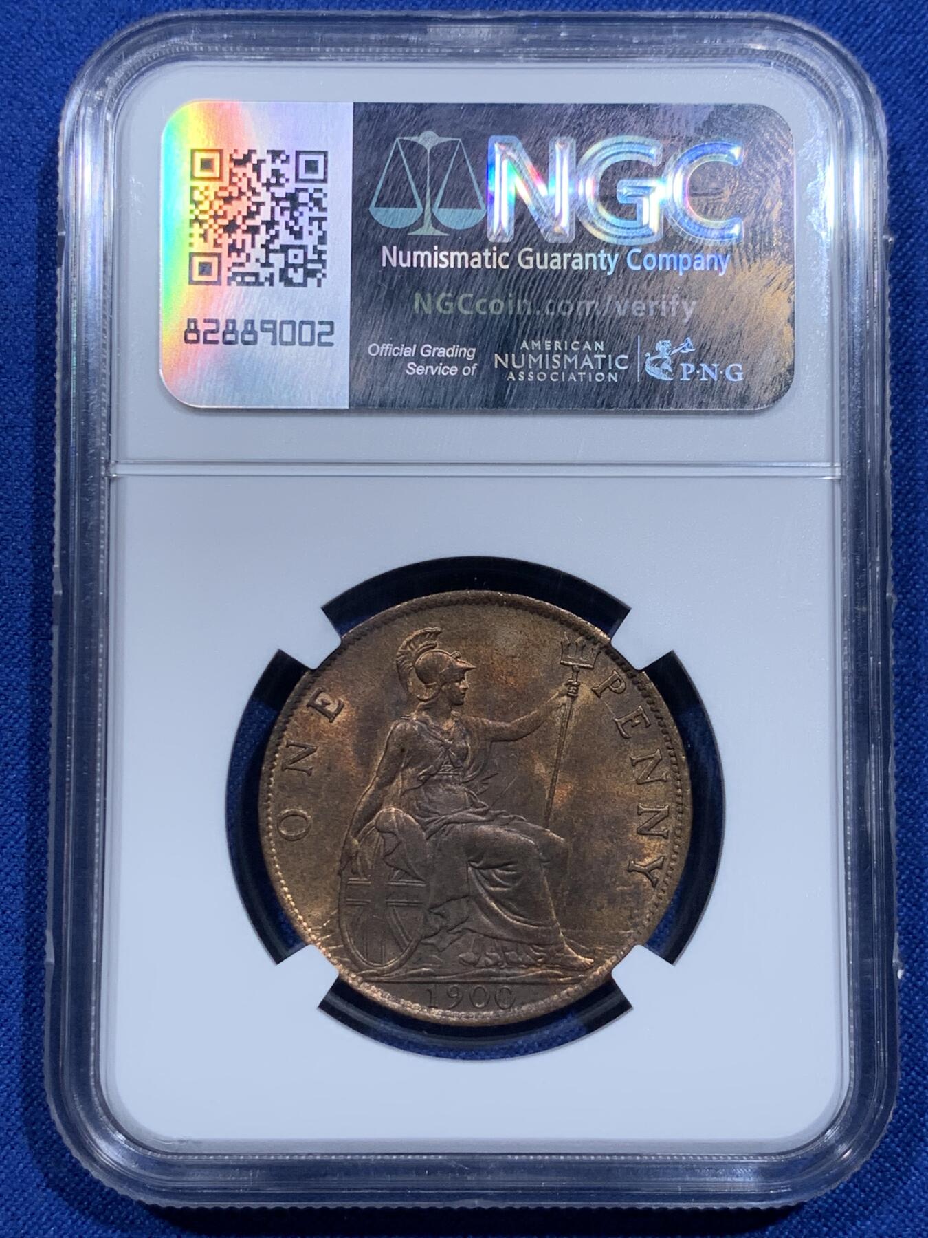 《竞宝斋》第425场 周日，周一  2场连拍 （全场包邮） NGC MS63RB 英国1900年维多利亚披纱1便士银币