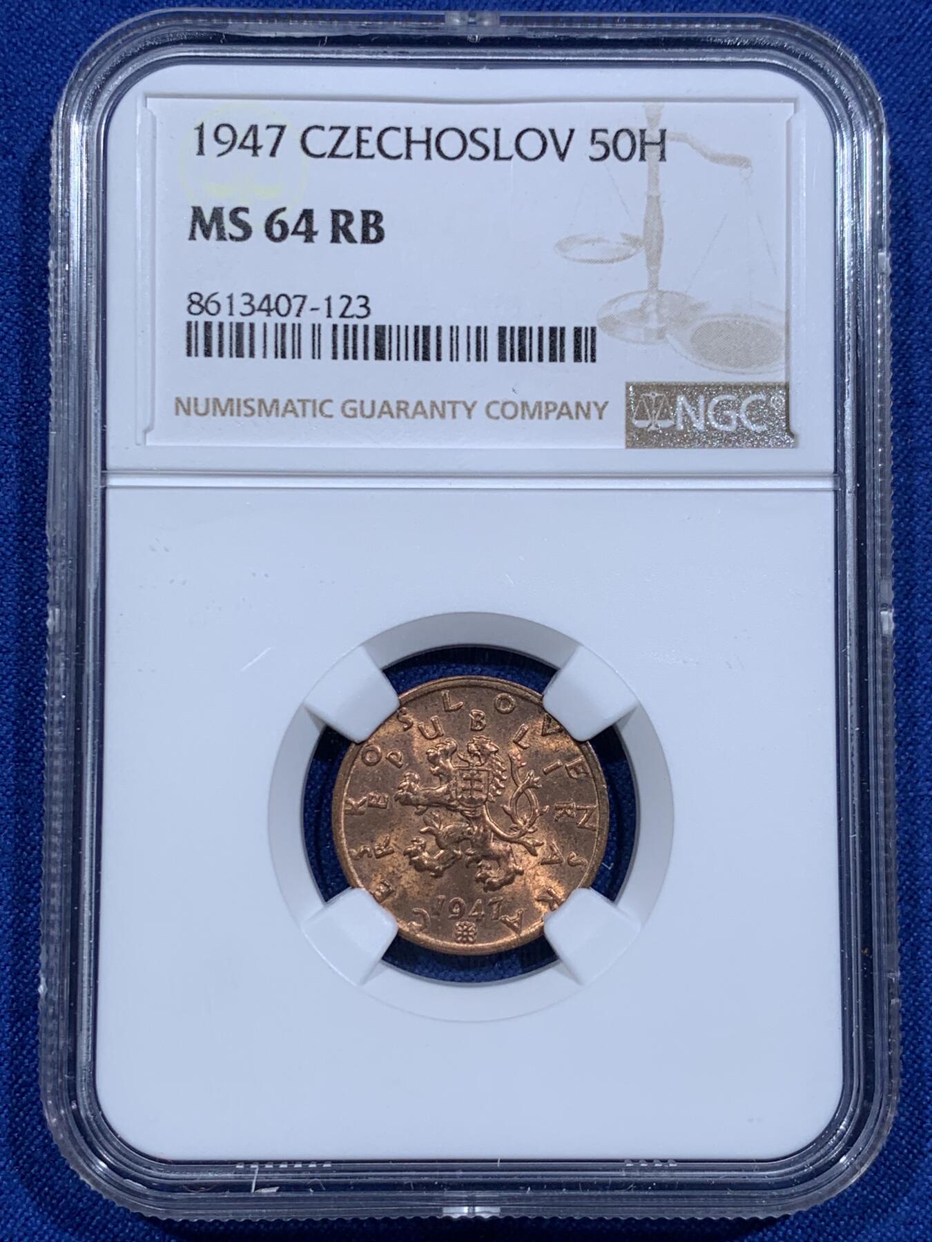 《竞宝斋》第425场 周日，周一  2场连拍 （全场包邮） NGC MS64RB 捷克1947年50赫勒铜币 拆卷品评级 冠军分！