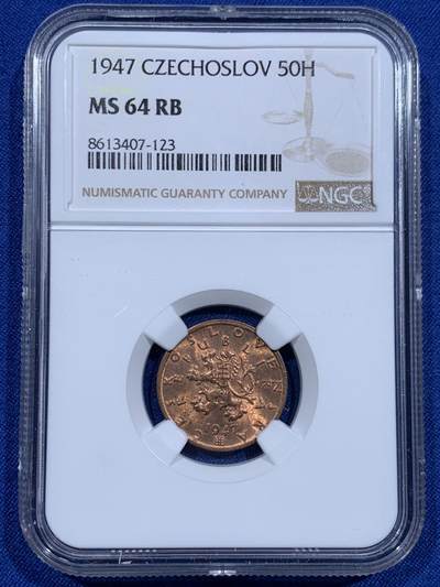 《竞宝斋》第425场 周日，周一  2场连拍 （全场包邮） - NGC MS64RB 捷克1947年50赫勒铜币 拆卷品评级 冠军分！