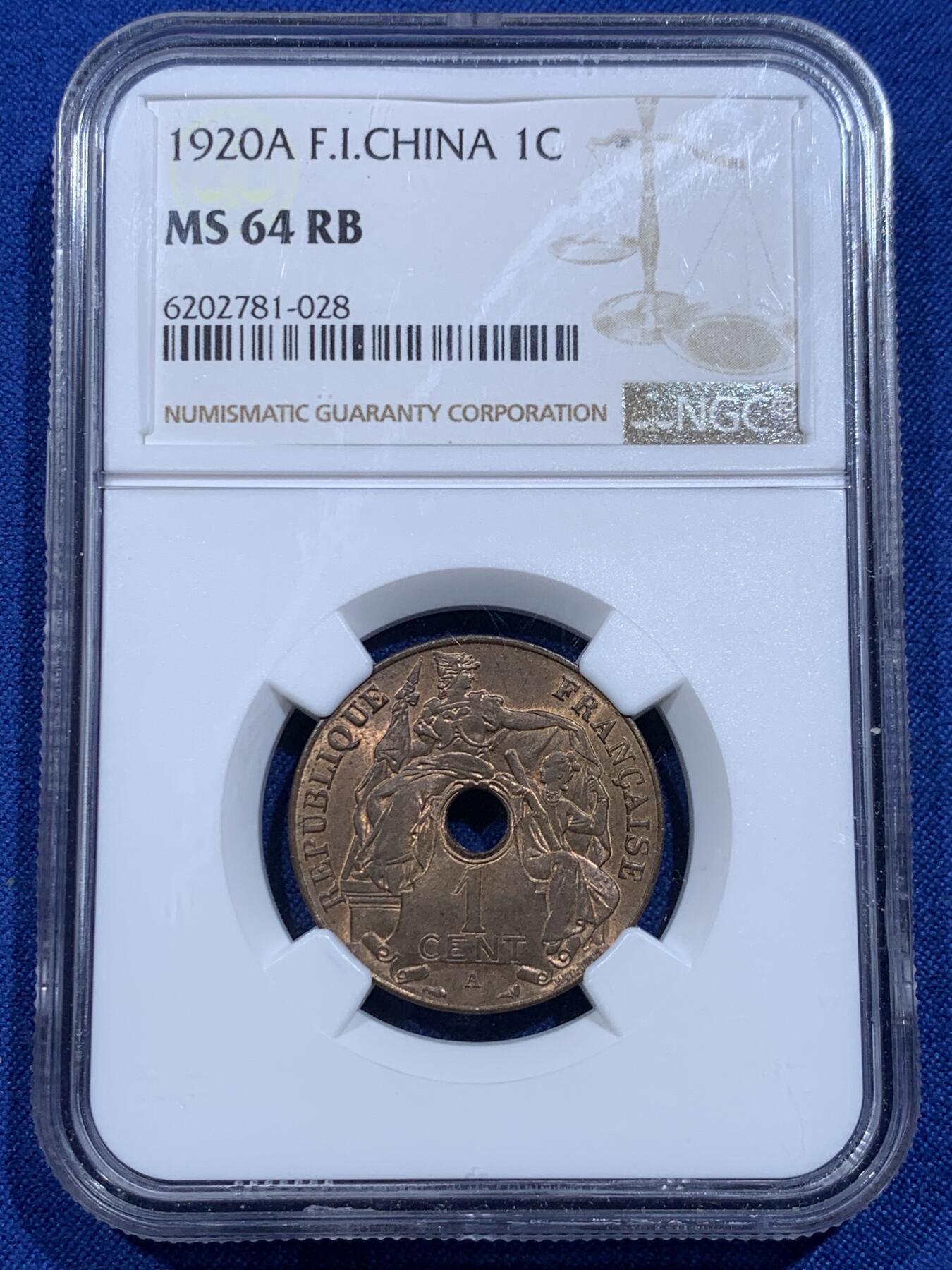 《竞宝斋》第425场 周日，周一  2场连拍 （全场包邮） NGC MS64RB 法属印度支那1920年百分之一铜币