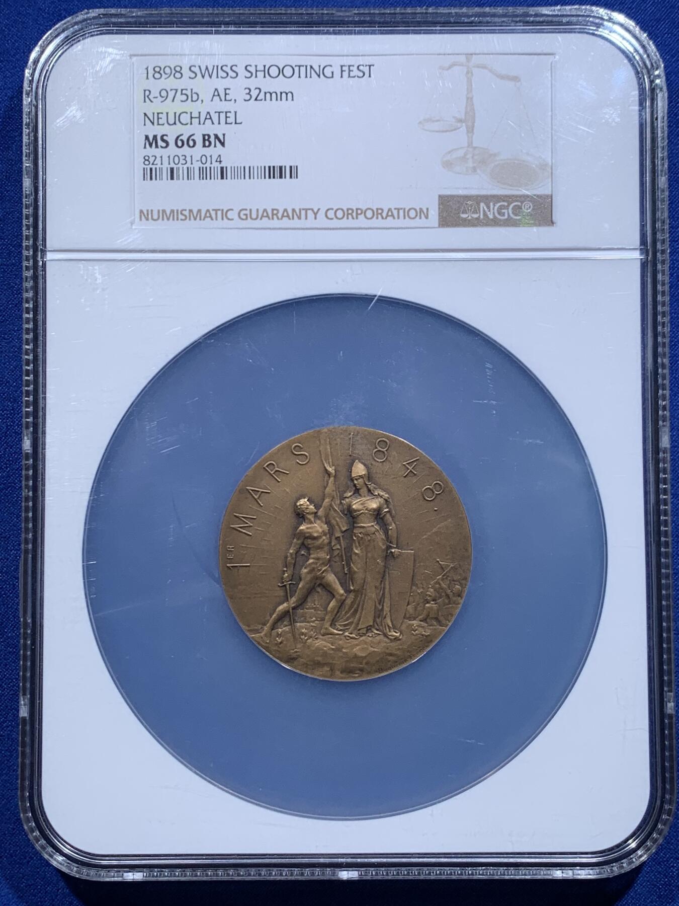 《竞宝斋》第425场 周日，周一  2场连拍 （全场包邮） NGC MS66BN 瑞士1898年纳沙泰尔联邦50周年纪念铜章，唯一冠军分。