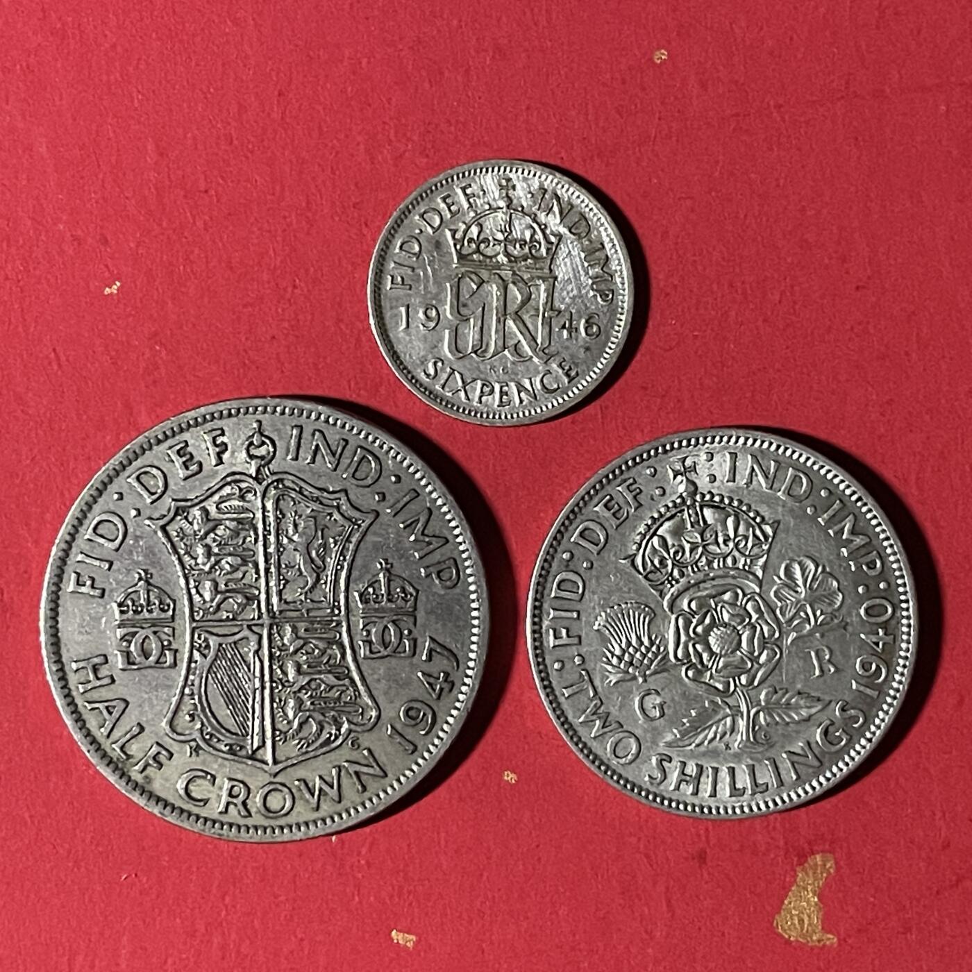 【银质纪念币、国外银币等珍品】限时专场 英国1940-47年乔治六世6便士，2先令，半克朗银币3枚