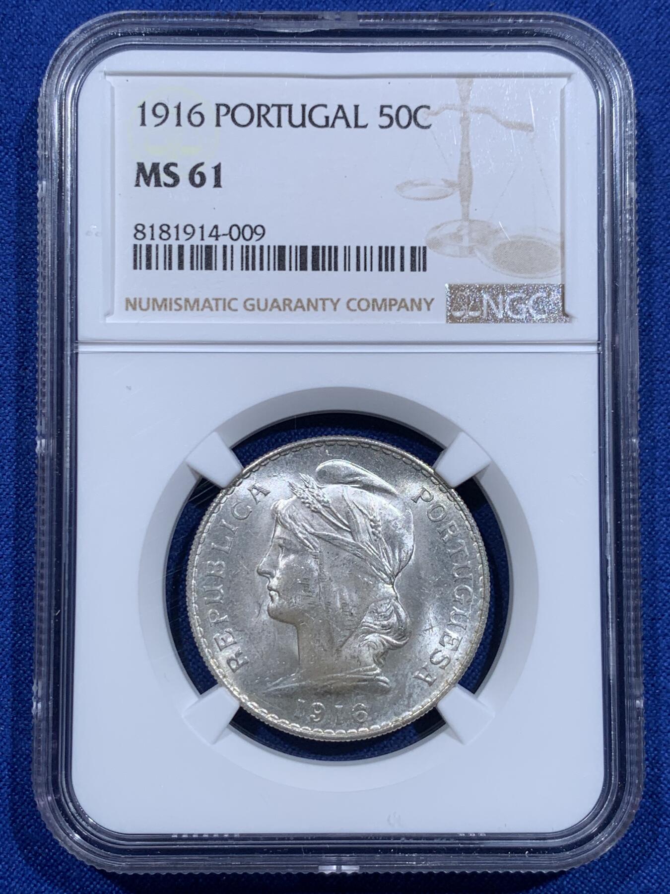 《竞宝斋》第425场 周日，周一  2场连拍 （全场包邮） NGC MS61 葡萄牙1916年自由女神50分银币