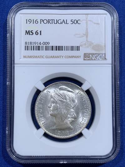 《竞宝斋》第425场 周日，周一  2场连拍 （全场包邮） - NGC MS61 葡萄牙1916年自由女神50分银币