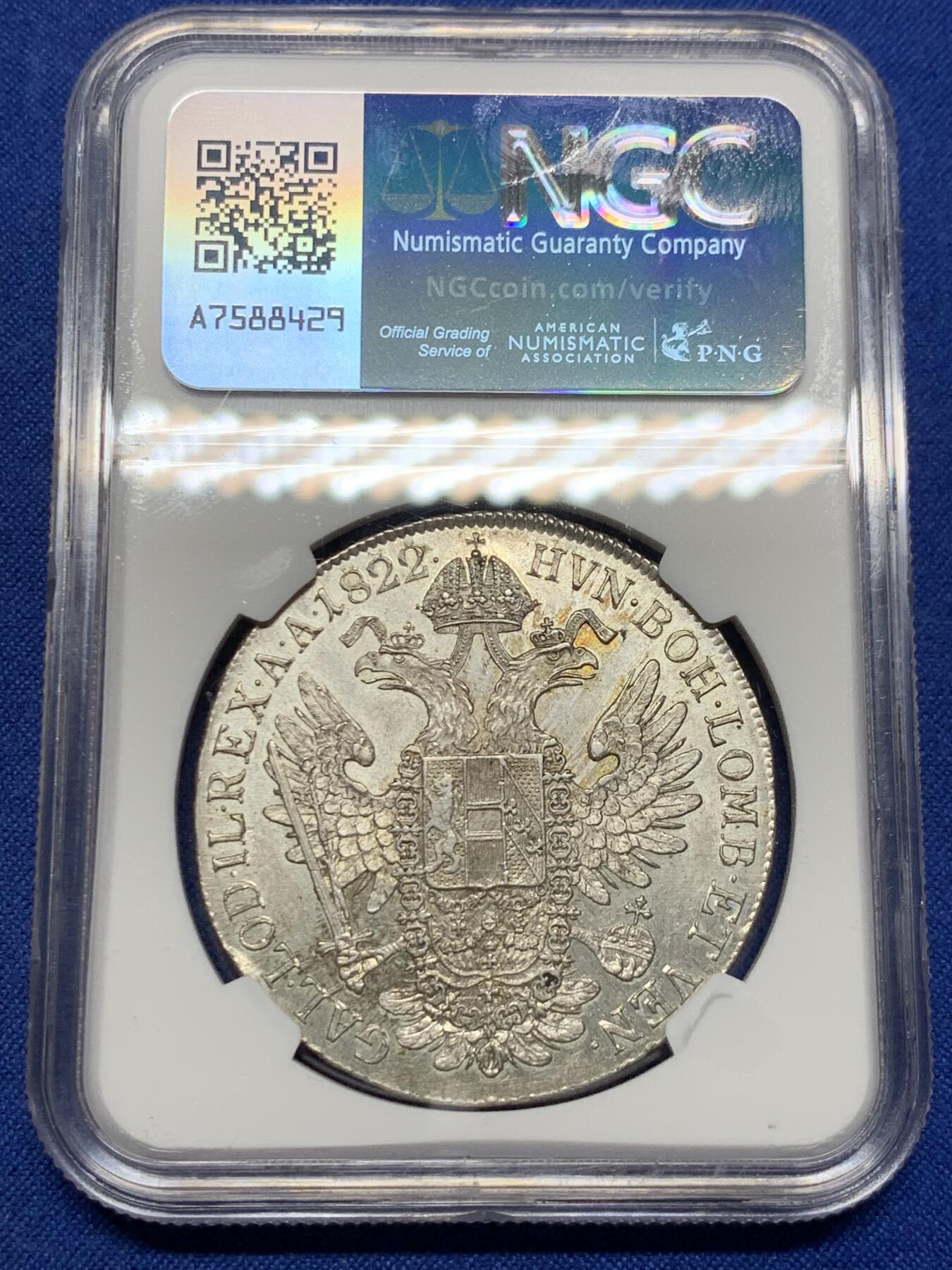 《竞宝斋》第425场 周日，周一  2场连拍 （全场包邮） 亚军分 NGC AU58 奥地利帝国 1822年 弗朗西斯一世 泰勒大银币 自然包浆 带些光 很舒服的状态