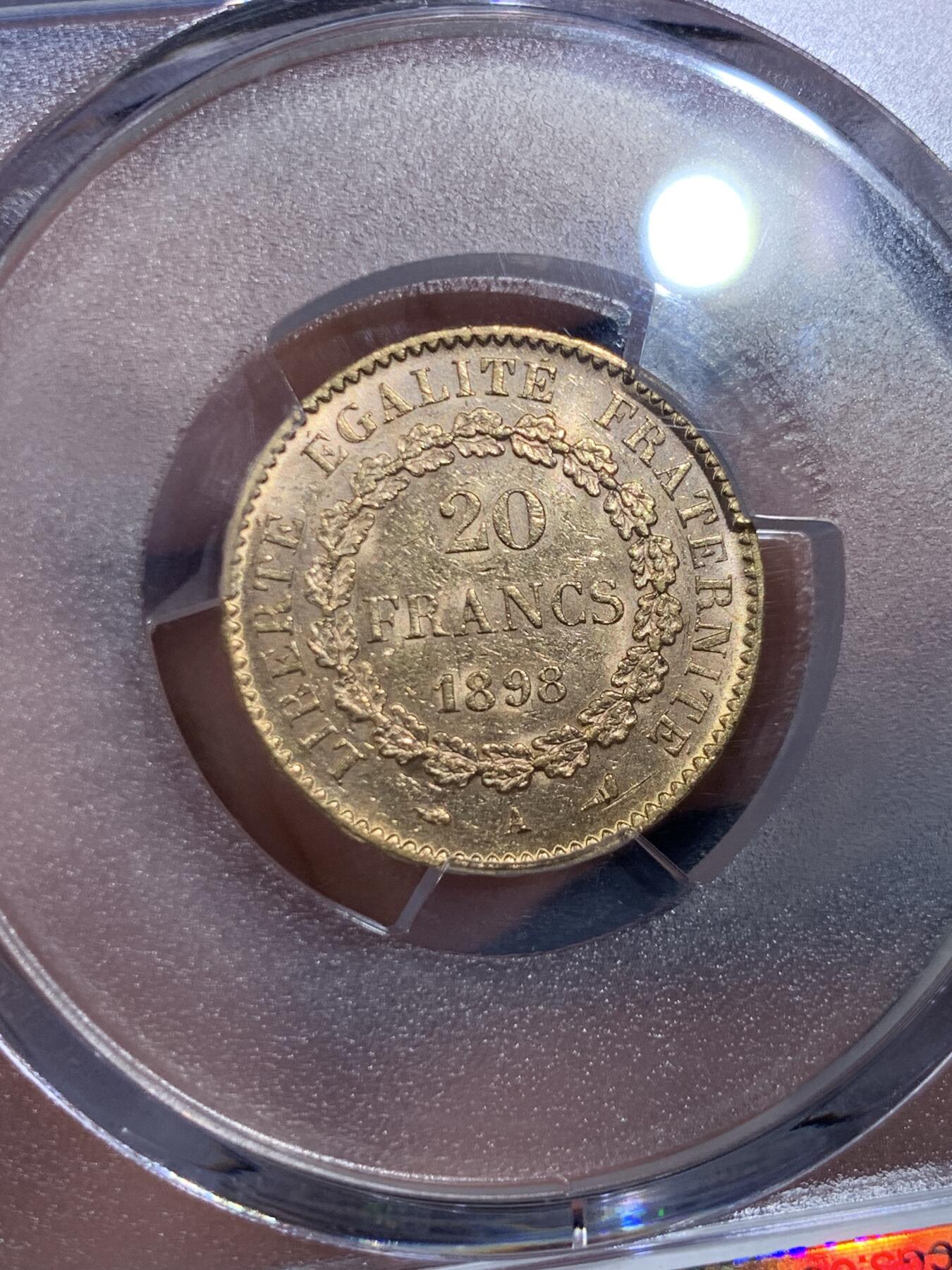 《竞宝斋》第425场 周日，周一  2场连拍 （全场包邮） PCGS MS62 法国1898年A版20法郎金币 900金 6.45克