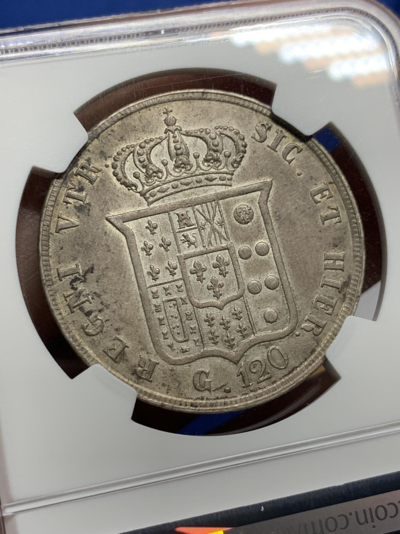 《竞宝斋》第425场 周日，周一  2场连拍 （全场包邮） NGC AU58 意大利1857年那不勒斯和西西里王国费迪南多二世老年版120G大银币 包浆醇厚