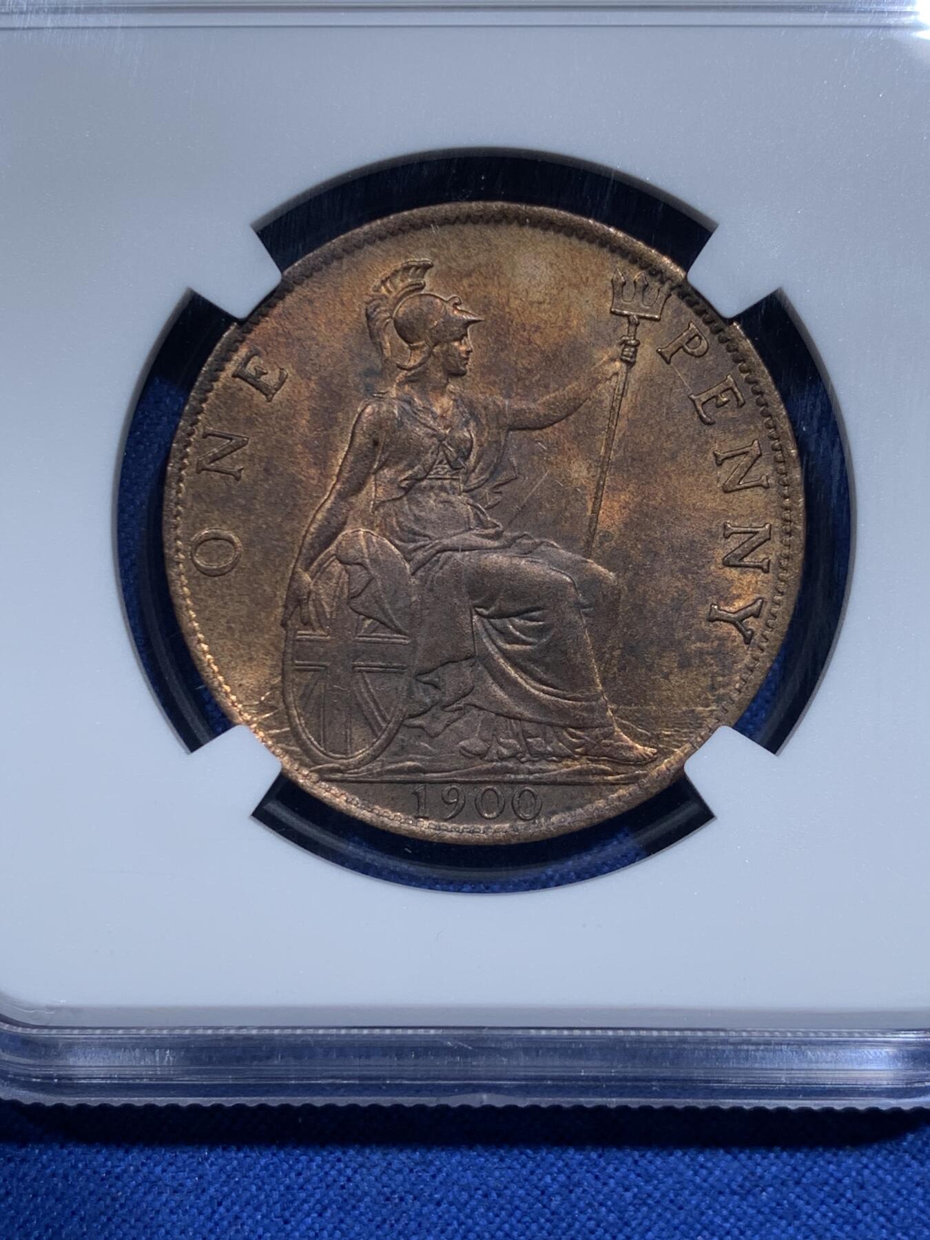 《竞宝斋》第425场 周日，周一  2场连拍 （全场包邮） NGC MS63RB 英国1900年维多利亚披纱1便士银币