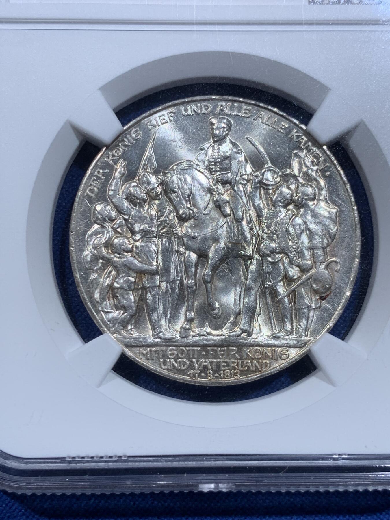 《竞宝斋》第425场 周日，周一  2场连拍 （全场包邮） NGC MS62 德国 1913年 普鲁士击败拿破仑 3马克 银币