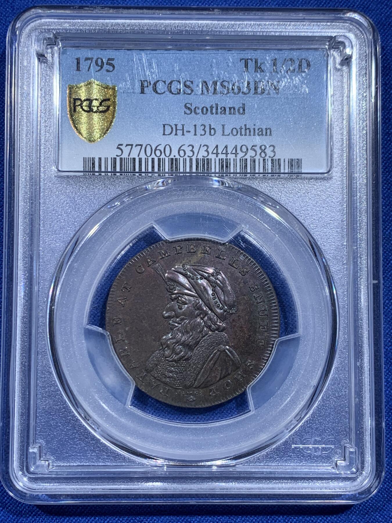《竞宝斋》第425场 周日，周一  2场连拍 （全场包邮） PCGS MS63BN 英国 苏格兰 1795年 洛锡安人 1/2便士 代币 非常少见的品种 深打细节 可藏
