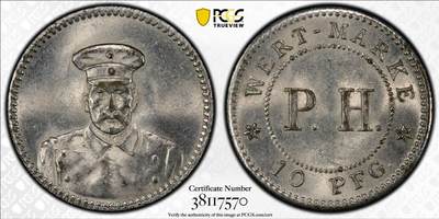 《竞宝斋》第425场 周日，周一  2场连拍 （全场包邮） - PCGS MS63 德占青岛1914年10芬尼代用币，冠军分，稀少品种，底板丝滑，状态极佳，一步到位品相，被pcgs官网作为该品种的广告币之一。细节见图，盒子背面支撑有磕。