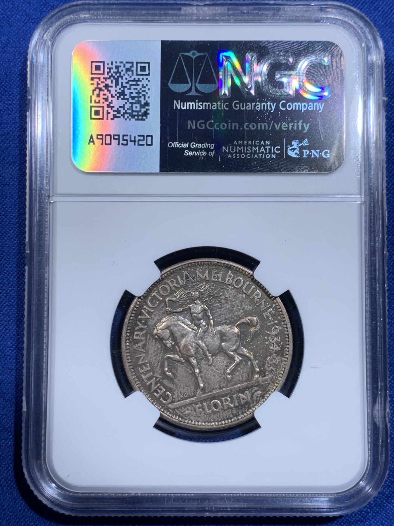 《竞宝斋》第425场 周日，周一  2场连拍 （全场包邮） 名誉品 NGC MS64 澳大利亚 1934-35 乔治五世 维多利亚州和墨尔本建城一百周年纪念银币 2023年同分6800成交
