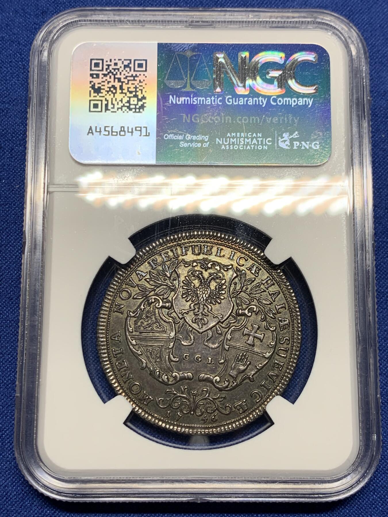 《竞宝斋》第425场 周日，周一  2场连拍 （全场包邮） 亚军分 NGC MS63 德国 1746年 施韦比施哈尔市 弗朗茨一世 1/2泰勒银币 发行量只有802的名誉品种