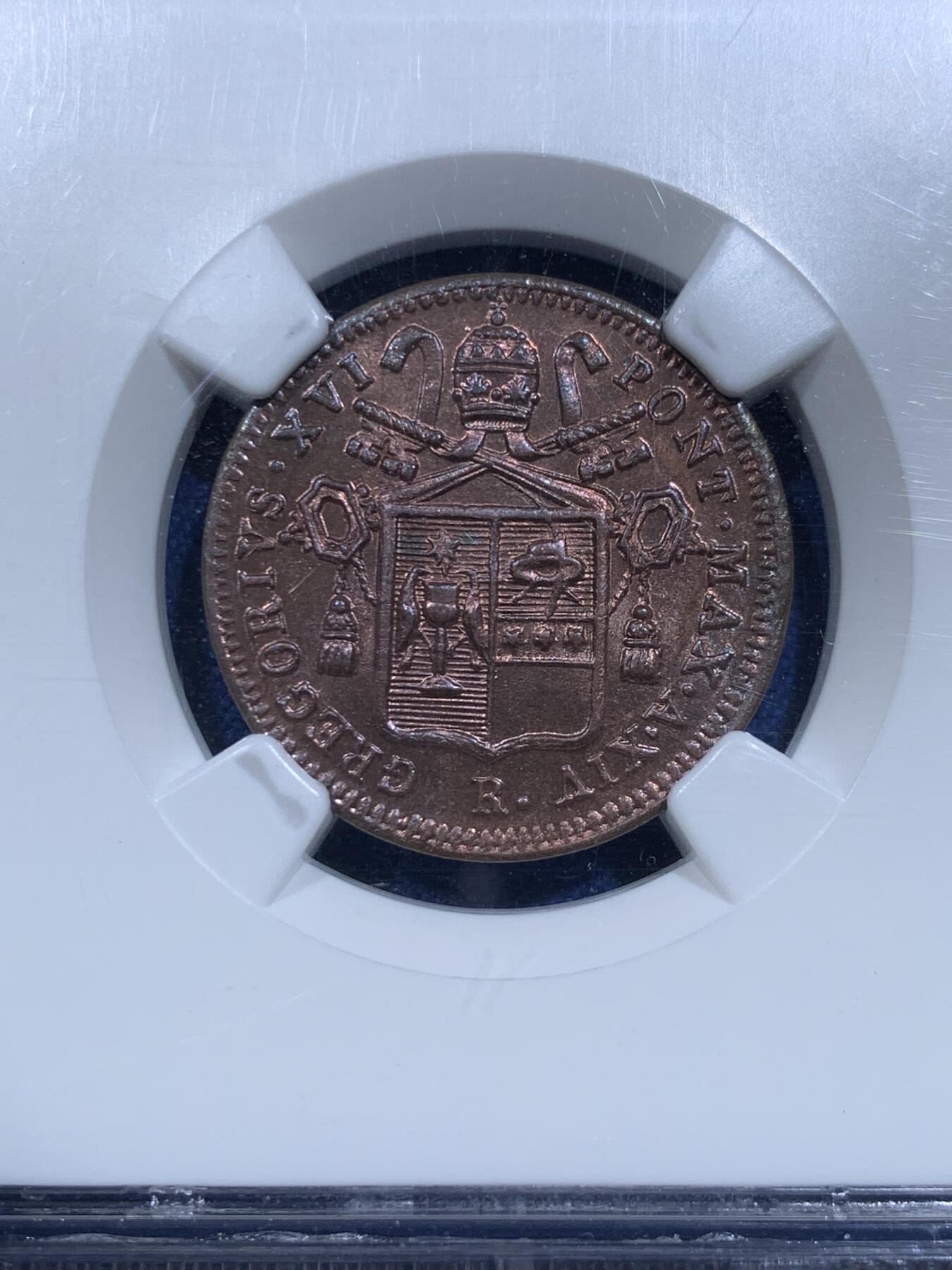 《竞宝斋》第425场 周日，周一  2场连拍 （全场包邮） NGC MS64RB 1844年意大利教皇国格里高利十六世 1/2贝阿科铜币，罗马铸造，铜色原光，极美品
