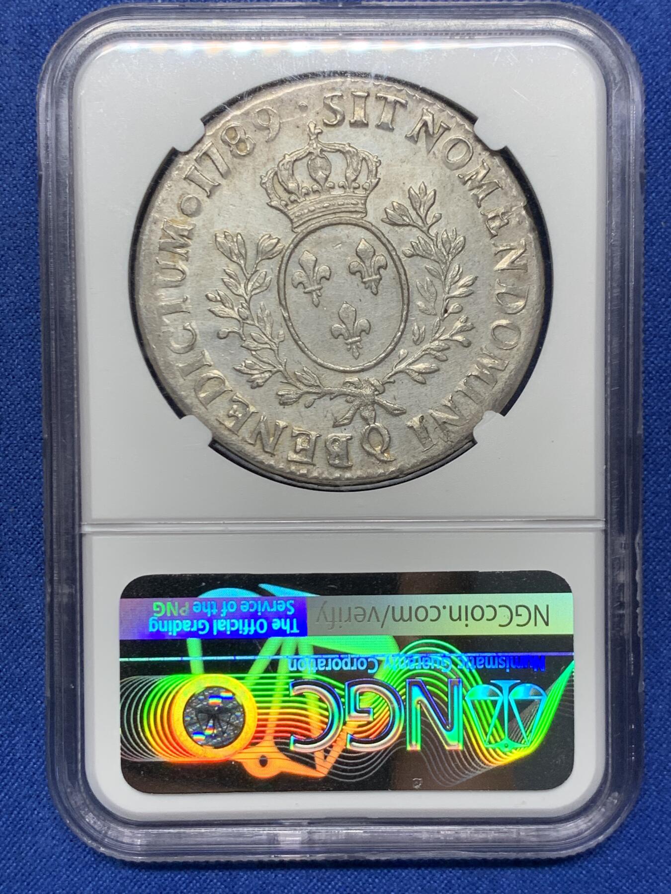 《竞宝斋》第425场 周日，周一  2场连拍 （全场包邮） NGC UNC 法国1789Q路易十六1埃居银币 发行于法国大革命元年 非常有历史意义的年份 状态不错 细节见图