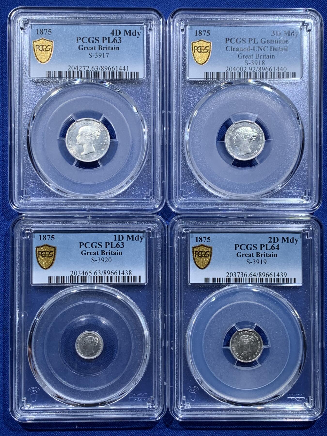 《竞宝斋》第425场 周日，周一  2场连拍 （全场包邮） 四枚一组 PCGS PL UNC-64 英国1875小维濯足币，原光状态，打制犀利，可惜一枚没给分，非常少的品种。细节见图